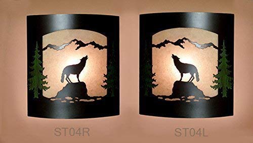 Image of Rustic Wolf with Pine Tree Wall Sconce - Frosted Amber Glass | Burnished Bronze Metal, Lodge Cabin Decor, Woodland Nature Design, Wall Light Fixture