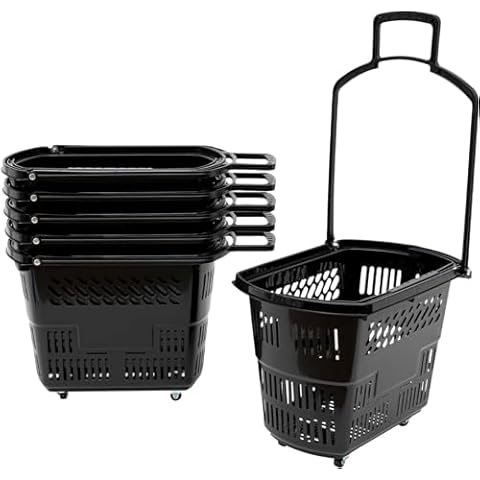 6PCS Shopping Basket, 35 Litre shopping basket with wheels, Trolley Rolling Plastic Basket, Portable Shopping Basket Set with 4 Wheels and Handle for Supermarkets, Retail Stores, Bookstores (Black) Cover