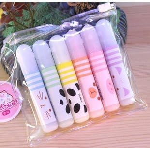 Set of 6 Cute Kawaii Novelty Cartoon Colored Mini Animals Fluorescent Ink Markers Highlighters Pens 6 Different Colors Set For books