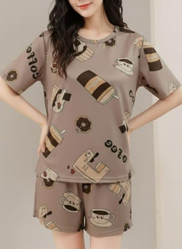 Image of SMOWKLY Women Korean Shorts Pajama Set |Summer Night Top & Shorts Dress |Cotton Blend Nightwear Set Top & Shorts Sleepwear Lounge Wear Soft Comfortable Night Suit Ladies | Co-Ord Home Wear Set