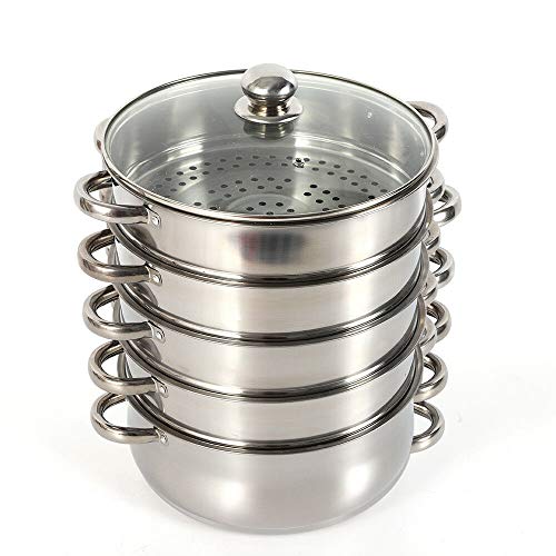 Fetcoi 5 Lagiger Edelstahl Dampfgarer Küchengerät mit Glasdeckel Stapelbar Gardampfkochtopf Mantovarka 30 cm für Induktionsherd Zuhause Restaurant Cover