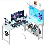 Xyphren mesa gaming en forma de L con panel perforado y estanterías, mesa de ordenador de esquina con enchufe, escritorio de oficina reversible con 3 estantes desmontables para hogar, 120*80 cm,Blanco