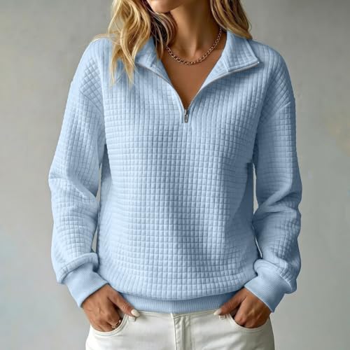 Womens Quarter Zip Pullover Collared Waffle Knit Oversized Sweatshirt, Blue - image 2