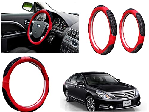 Image of Microfiber Car Steering Wheel Cover, Soft Padding Great Hand Feel, Anti-Slip, Faux Leather Steering Cover for Nissan Teana | Black Red Jali - Pack of 1