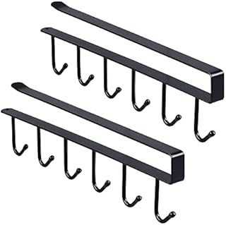 NCOALE Cup Holder Under Cabinet, 2 Pack Shelf Cup Mug Hanger Black Hook Coffee Cup Mug Holder, 6 Hooks Kitchen Under Cupboard Mug Holder, Towel Holder Cabinet Organizer for Kitchen Cupboard