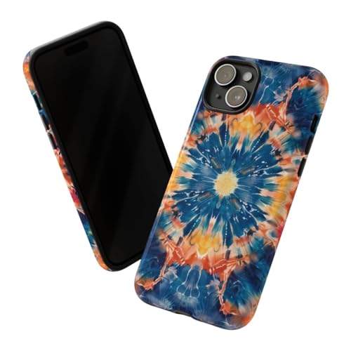 Coque iPhone 15 Plus bleu motif mandala brillant de style tie-dye chic