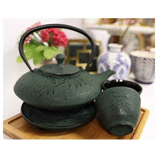 Japanese Evergreen Bamboo Forest Green Heavy Cast Iron Tea Pot Set With Trivet and Cups Set Serves 2 Beautifully Packaged in Teapot Gift Box Excellent Home Decor Asian Living Gift Housewarming