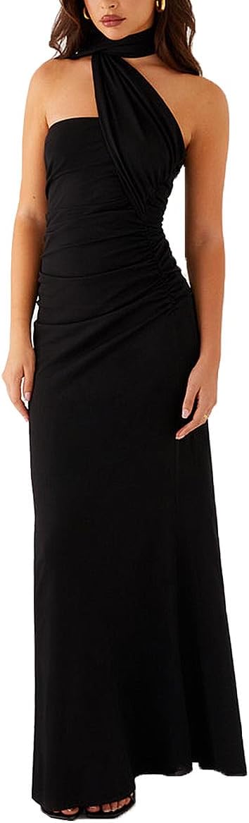 Women Strapless Tube Scarf Floral Maxi Dress Elegant Summer Ruched Prom Cocktail Party Dress Wedding Guest Dress