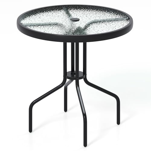 Tangkula 27.5 Inch Round Outdoor Dining Table with Tempered Glass Top, Outside Bistro Table with Umbrella Hole & Metal Frame, Patio Dining Table for Backyard, Lawn, Deck & Poolside