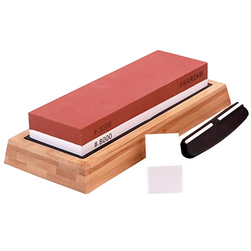 Whetstone Sharpening Stone Kit Dual Sided 3000/8000 Grit Knife Sharpener Stone Wet Stone Set with Flattening Stone, Non-slip Bamboo Silicon Base Angle Guide
