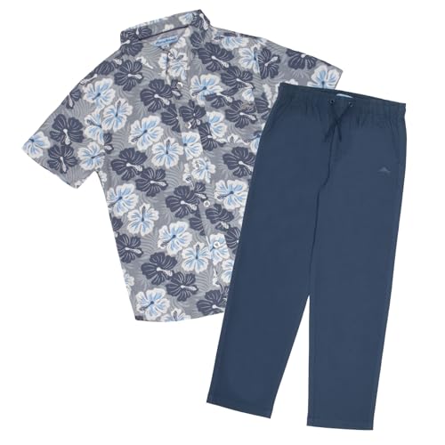 Tommy Bahama Boys Classic Woven Button-Down Hawaiian Shirt & Elastic Waist Pants Set - Casual 2-Piece Summer Outfit for Kids (Gray Floral/Navy, Size 5/6)