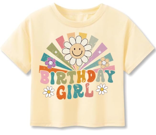 Image of Little Girls Short Sleeve Crop Top Birthday Tshirts Cute Prints for Teen Girls Summer T-Shirt 6-14Years