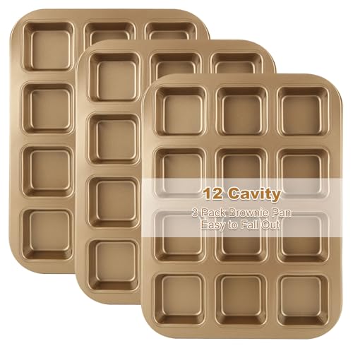 YAYODS 3 Pack Brownie Pan with Dividers 12 Cavity Square Muffin Pans Nonstick All Edges Brownie Pan, Baking Pan for Cornbread, Cupcakes, Tart, Muffin Cakes, Cookie, Bread (Gold)