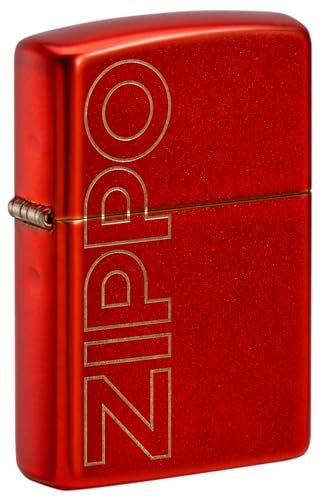 Image of Zippo Windproof Lighter, Vertical Logo Design – Metallic Red, Laser Engraving – Refillable, Reusable, Windproof Design – Comes in Gift Box – Made in USA