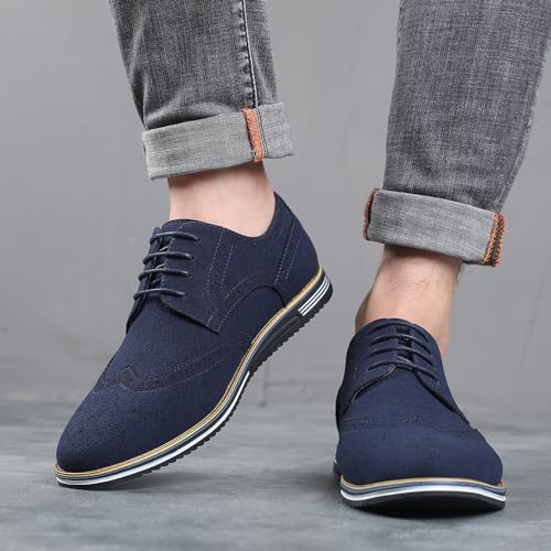 RZDYSQ Men's Suede Lace Up Oxford Shoes, Wing Tips Business Dress Shoe Classic Retro Comfortable Work Shoes (Blue,US-9/9.5)4