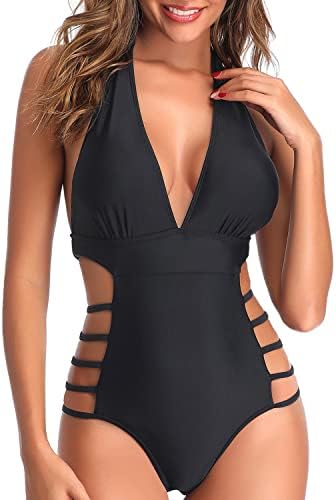 Tempt Me Women Sexy One Piece Swimsuits Plunge V Neck Halter Bathing Suits Cutout Monokini XL Black