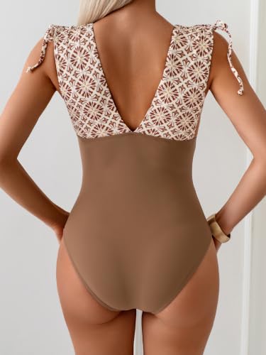 Image of One Piece Swimsuit for Women Tummy Control Ruched Bathing Suit Sexy High Cut Swimwear V Neck Swim Suit