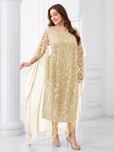 Image of Plus Size Sparkly Formal Evening Gown Sequin Cape Overlay Mother of Bride Dress Wedding Guest Cocktail Party