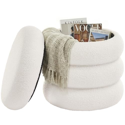 SONGMICS Taburete de Tocador, Puff Redondo con Almacenamiento, Reposapiés Acolchado, Tapa Extraíble, Salón Dormitorio Recibidor, Fácil de Montar, 43 x 47 cm, Peluche, Blanco LOM015WD01