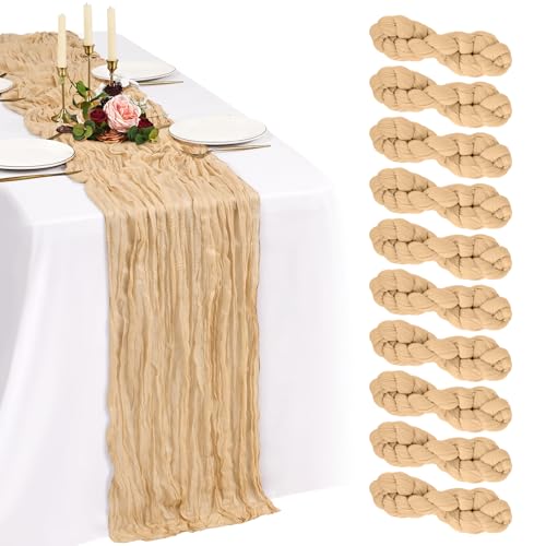 Showgeous Lot de 10 Chemins de Table Creme Kamel 90x300cm Mode Chemin de Table Bohèmes en Gaze,Boho en Tissu Froissé Mousseline Gaze de Coton Rustique pour Mariage Décorations de Table