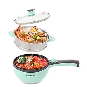 Audecook Electric Frying Pan with Steamer, 1.5L Electric Hot Pot Multifunction, Non-Stick Electric Skillet 20cm, Mini Travel Cooker for Pasta, Ramen Noodles, Vegetables, Meat, Eggs – Green
