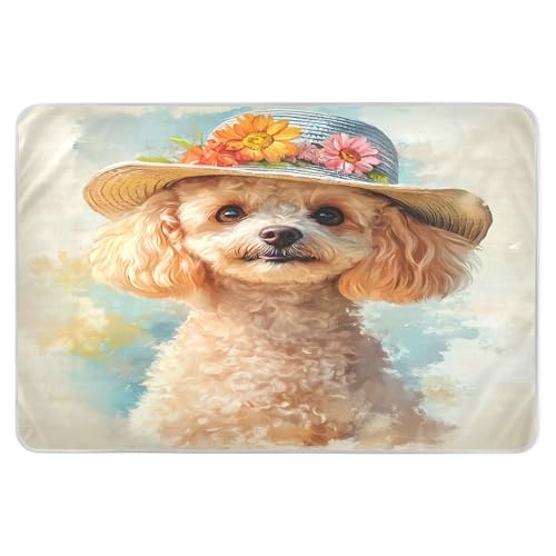 Takiito Blonde Dog Wearing Hat Bed Pad Reusable Bed Underpad Washable Waterproof Leak-Proof Quick Dry Incontinence Pee Pad for Toddlers Kids Adults Pets 34x52 in