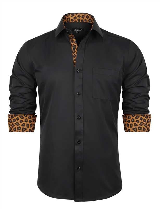Alizeal Chemise à manches longues pour homme avec fermeture à boutons, Noir + Léopard, S