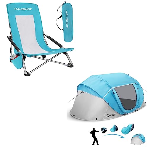 HAUSHOF-High-Back-Beach-Chair-Mesh-Back-Folding-Chair-and-VILLEY-2-Person-Easy-Pop-Up-Tent-Waterproof-Automatic-Setup-Instant-Lightweight-Camping-Beach-Tent