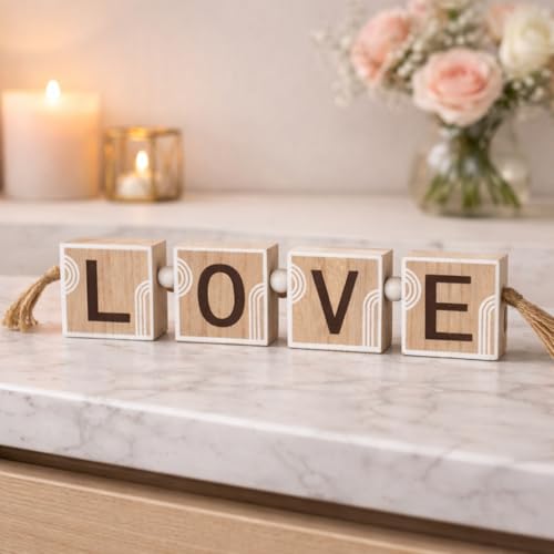Image of CraftVatika Decorative Wooden Showpiece Gift for Home Decor Living Room Aesthetic, Love Printed Romantic Gift for Woman Man Couples, Wedding Birthday Anniversary Valentine's Day Gifts for Girl Boy