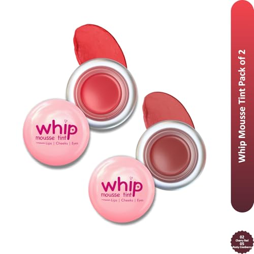 Image of Glam21 Whip Mousse Tint 3-in-1 | Lip, Cheek & Eye Tint | Vitamin E, Jojoba Oil & Shea Butter | Waterproof, Long-Lasting, Highly Pigmented | Lightweight Travel-Friendly Makeup | 4gm Each | Combo Pack Of 2 (Cherry Red&Rusty Cranberry)