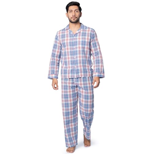 Fruit of the Loom Men's Long Sleeve Broadcloth Pajama Set, Ivory/Blue/Red Plaid, Large