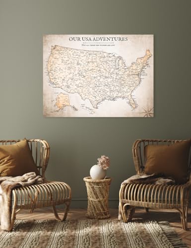 Image of IPIC - Vintage Push Pin USA Map Canvas Wall Art, Oversized Travel Map Print Wall Decor for Home, Study, Office or RV, Push Pin Board Decor for Travel Lovers, Ready to Hang
