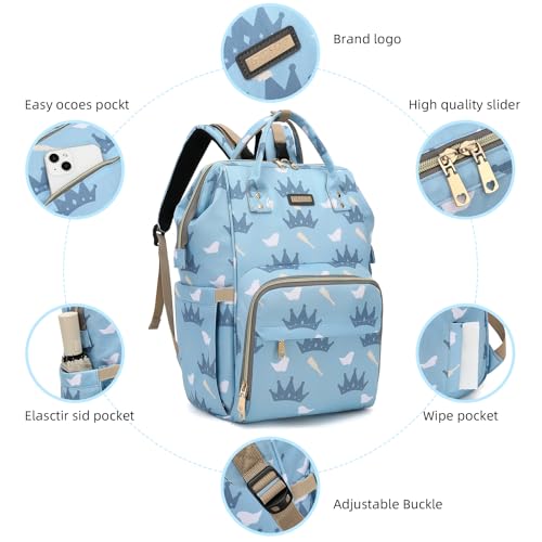 Image of Diaper Bag Backpack, Diaper Bags for Baby Girls Boys, Baby Bags for Moms Dads, Nappy Changing Bag with Insulated Pockets,Multi-functional Waterproof Backpack with Stroller straps-Light blue crown