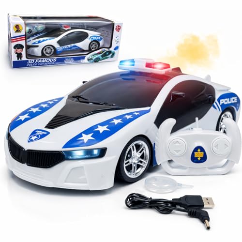 Image of SMARTBOY Remote Control Car for Kids - RC Police Smoke Racing Toy, USB Rechargeable, LED Lights Siren Sound, Mist Spray Effect, Anti Skid Rubber Tires, High Speed for Boys & Girls 4+Years (6886 Blue)
