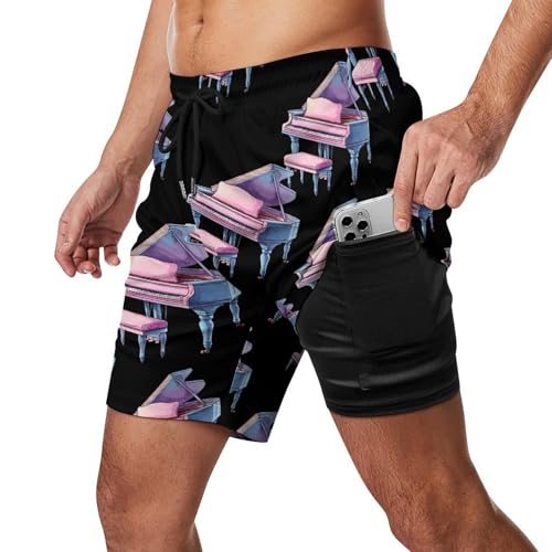 Watercolor Piano Instruments Beach Shorts for Men Swim Trunks Quick Dry Swim Shorts with Compression Liner Pocket2
