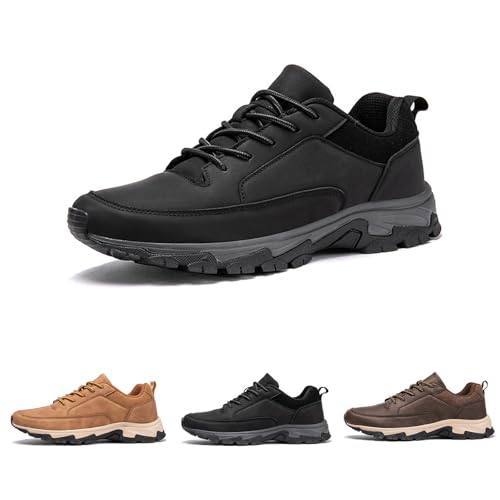 Bestofoot Mens Shoes, Waterproof Hiking Shoes Sneakers, Men's Non-Slip Leather Sneakers for Outdoor Trekking Walking (Black,12)