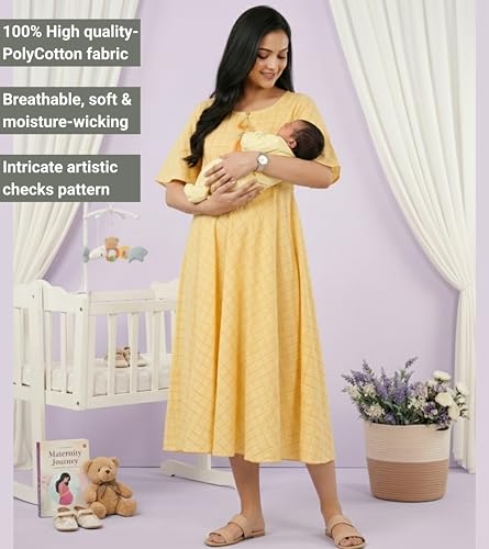 Image of DUMMY SHAPE Feeding Nighty | Maternity Dresses for Women Cotton Blend | Floral Pink Anarkali Kurta with Dual Nursing Zippers for Pregnancy & Breastfeeding | Gifts for Pregnant Women (