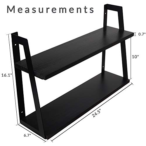 Peter's Goods 2-Tier Modern Rustic Floating Wall Shelves, Modern Black - Wall Mounted Solid Wood Shelf For Bathroom Storage Decor, Knick Knacks, Media Storage In Gaming Room, Kitchen Or Laundry Room #TOP2