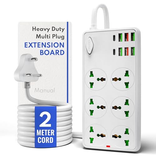 Image of Heavy Duty Multi Plug Extension Board with USB & Type-C, Spike Guard | Individual Switches, 2m Long Wire, Universal Smart Power Extension Cord for Home Office Washing Machine & Heavy Load (White)