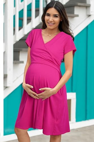 Image of OUGES Maternity Nursing Dress Breastfeeding Short Sleeve V Neck Casual Pregnancy Clothes with Pockets