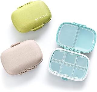3 Pack 8 Compartments Travel Pill Organizer Moisture Proof Small Pill Box for Pocket Purse Daily Pill Case Portable Medicine Vitamin Holder Container (Blue+Green+Khaki)