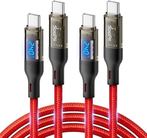 SOOPII USB C to USB C Cable [240W 6.6ft],Fast Charging USB C Cable with LED Display for MacBook Pro,lPhone16/15/15Pro/15ProMax,Galaxy S23+/S23 Ultra/S22 Ultra,etc.,Transparent Shell(Red-2Pack)