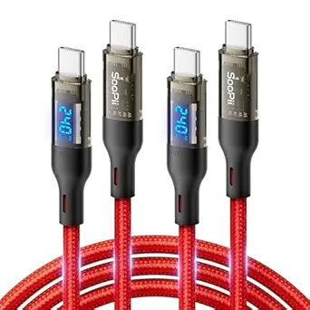 SOOPII USB C to USB C Cable [240W 6.6ft],Fast Charging USB C Cable with LED Display for MacBook Pro,lPhone16/15/15Pro/15ProMax,Galaxy S23+/S23 Ultra/S22 Ultra,etc.,Transparent Shell(Red-2Pack)