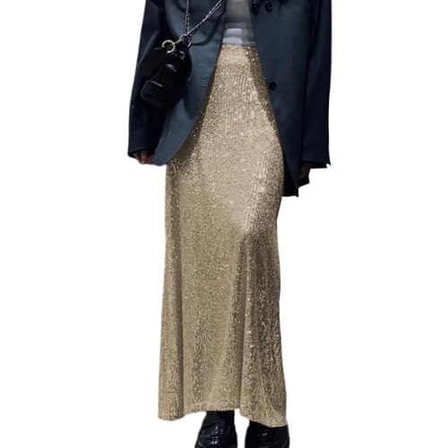 Elegant Sparkling Sequins Stretchy Long Skirt for Women Elastic High Waist A Line Skirt for Formal Parties and Night Out Apricot