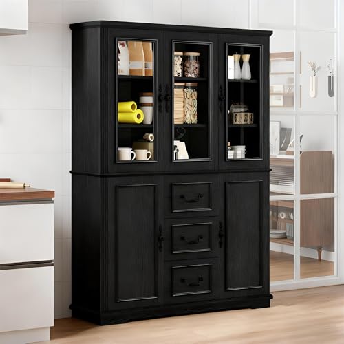 YITAHOME 71" H x 47" W Kitchen Pantry with 3 Drawers, Large Storage Cabinet with 3 Glass Doors & Adjustable Shelves, Freestanding Tall Display China Cabinet for Living & Dining Room, Black
