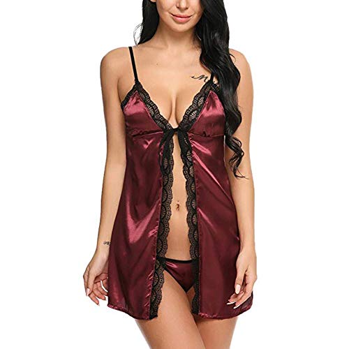 Lingerie Sexy en Dentelle et Satin de Soie Bordeaux | Ensemble Nuisette Col V avec String Taille S