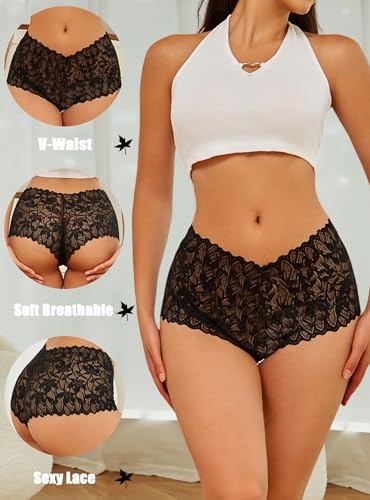 Image of ALL OF SHE Sexy Underwear Panties for Women Cheeky V Waist Lace Boyshorts Lingerie Plus Size Underwear Gift Wife Women 5 Pack
