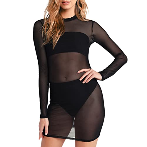 Durchsichtiges Blusenkleid Sexy für Damen Schwarz Kleid Minirock mit...