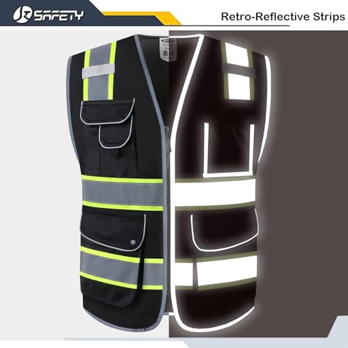 Image of JKSafety 9 Pockets High Visibility Zipper Front MESH Black Safety Vest | Black with Dual Tone High Reflective Strips | ANSI /ISEA Standards (100-Black, M)