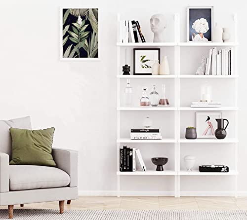 Karl Home Ladder Shelf 5 Tier Wall Mounted Bookcase With Metal Frame, Open Design Shelves For Living Room, Bedroom, Home, Office, White (23.62" L X 11.81" W X 70.87" H) #TOP3